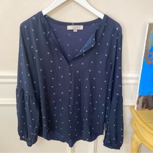 LOFT Dark Blue Patterned Blouse Boho Sleeve Light Weight Size Medium